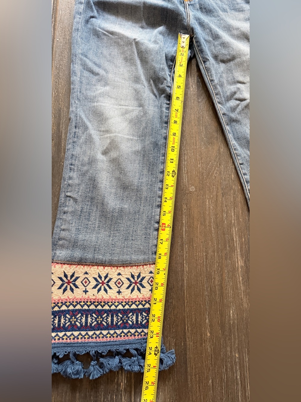 DRIFTWOOD Blue Denim Wide-Leg Jeans with Embroidered Hem and tassels - Picture 3 of 8